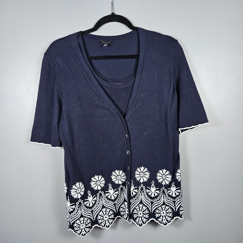TALBOTS Kelly Cardigan and Tank Eyelet Trim Short Sleeve Cotton Blend Size Small